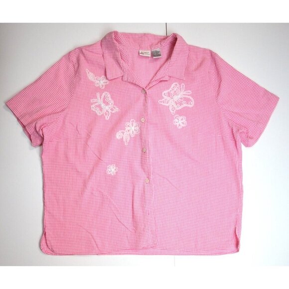 WOMEN'S PINK & WHITE PLAID EMBROIDERED BUTTON-UP TOP - KORET - SIZE 20W - Picture 1 of 5